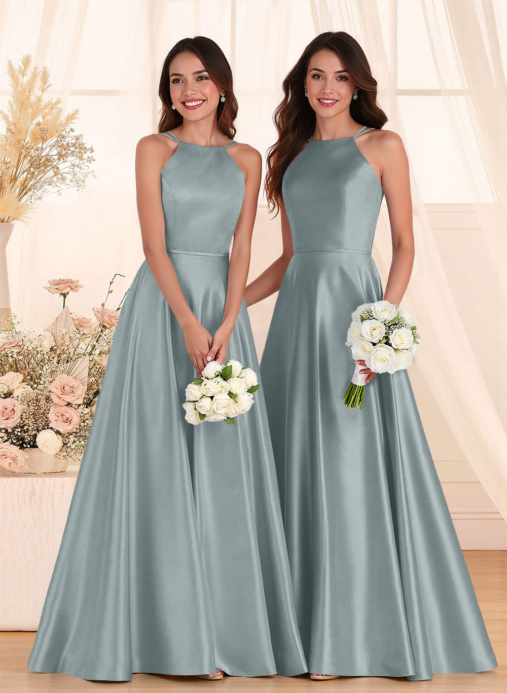 Classic Scoop Neck A-Line Floor-Length Satin Bridesmaid Dresses, product image 136
