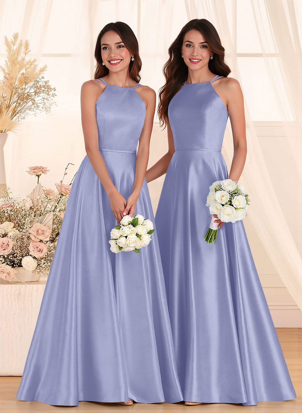 Classic Scoop Neck A-Line Floor-Length Satin Bridesmaid Dresses, product image 80