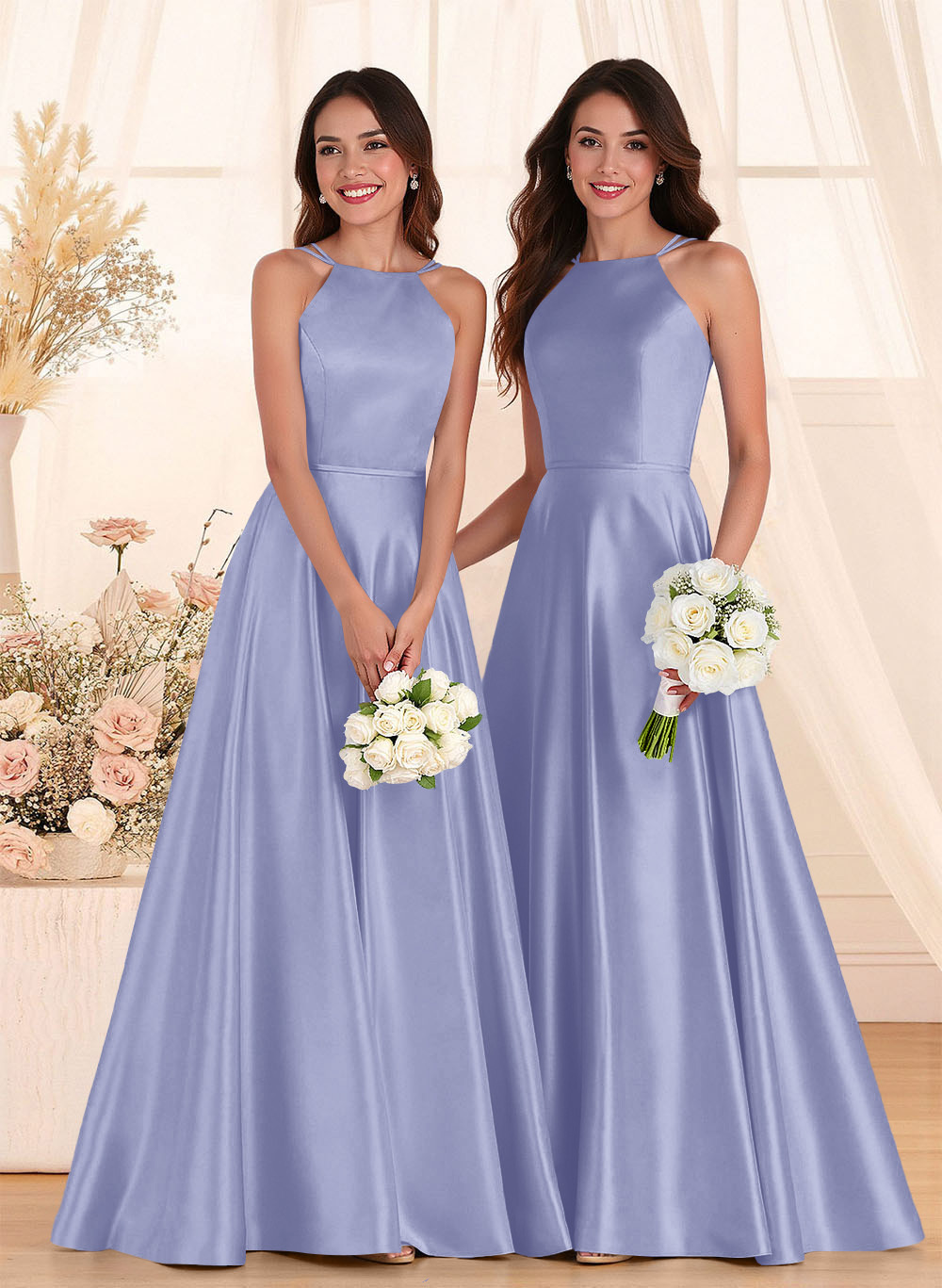 Classic Scoop Neck A-Line Floor-Length Satin Bridesmaid Dresses, product image 80
