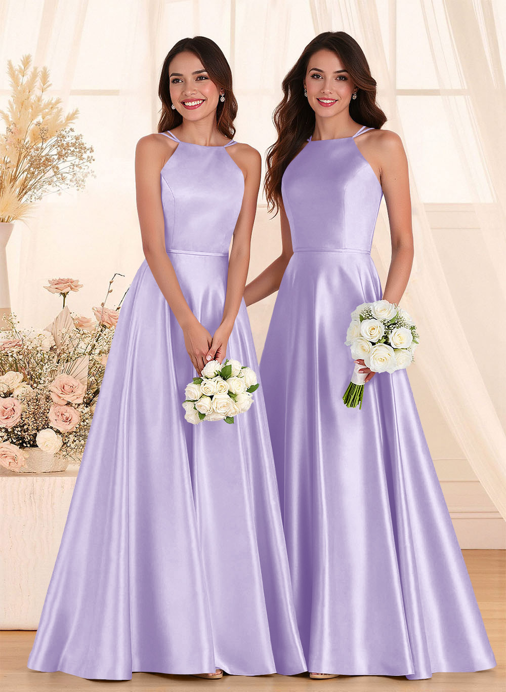 Classic Scoop Neck A-Line Floor-Length Satin Bridesmaid Dresses, product image 82