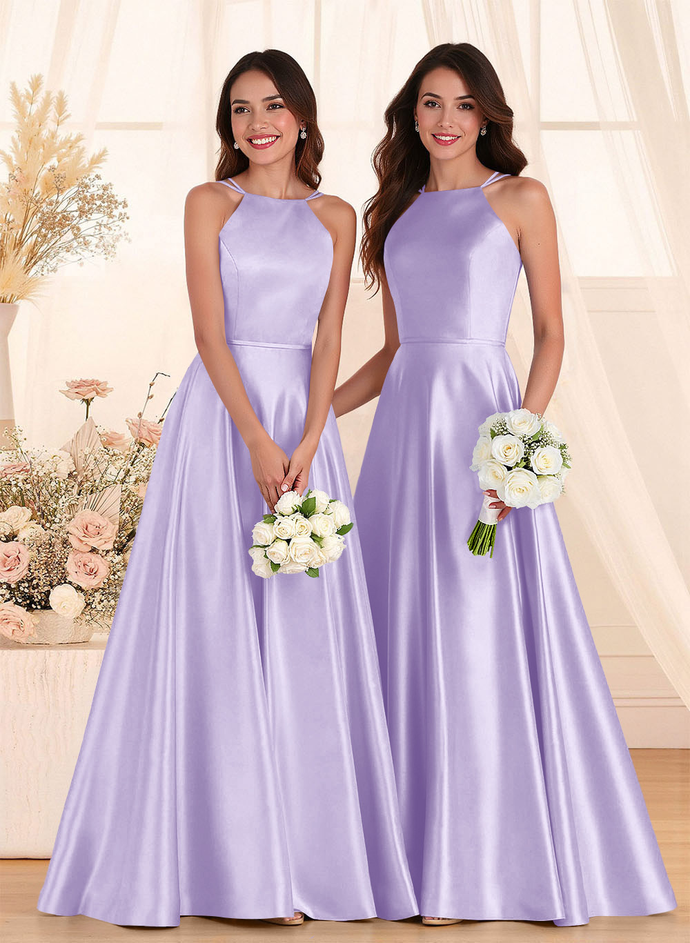 Classic Scoop Neck A-Line Floor-Length Satin Bridesmaid Dresses, product image 82
