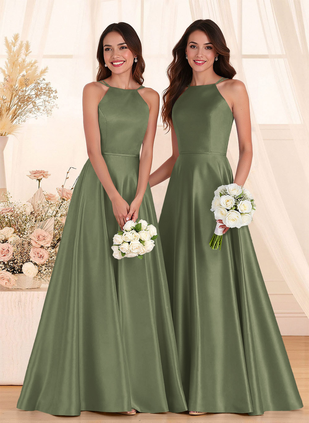 Classic Scoop Neck A-Line Floor-Length Satin Bridesmaid Dresses, product image 24