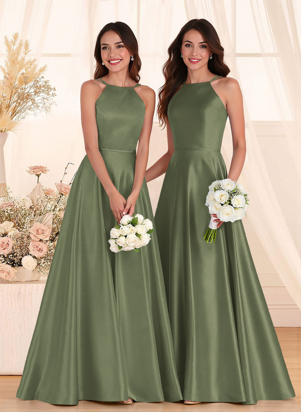 Classic Scoop Neck A-Line Floor-Length Satin Bridesmaid Dresses, product image 24