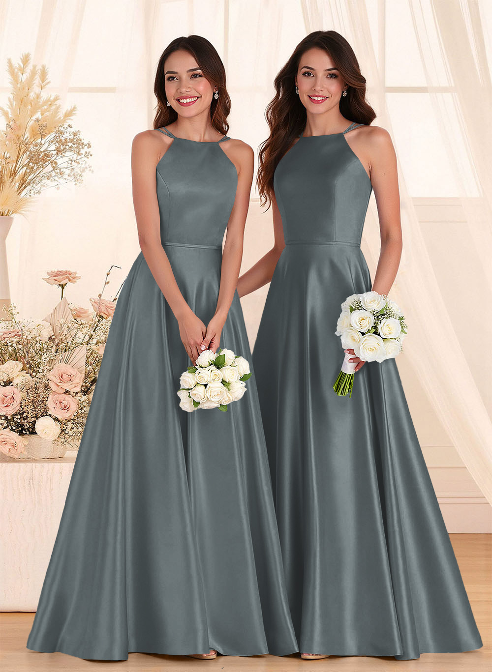 Classic Scoop Neck A-Line Floor-Length Satin Bridesmaid Dresses, product image 32