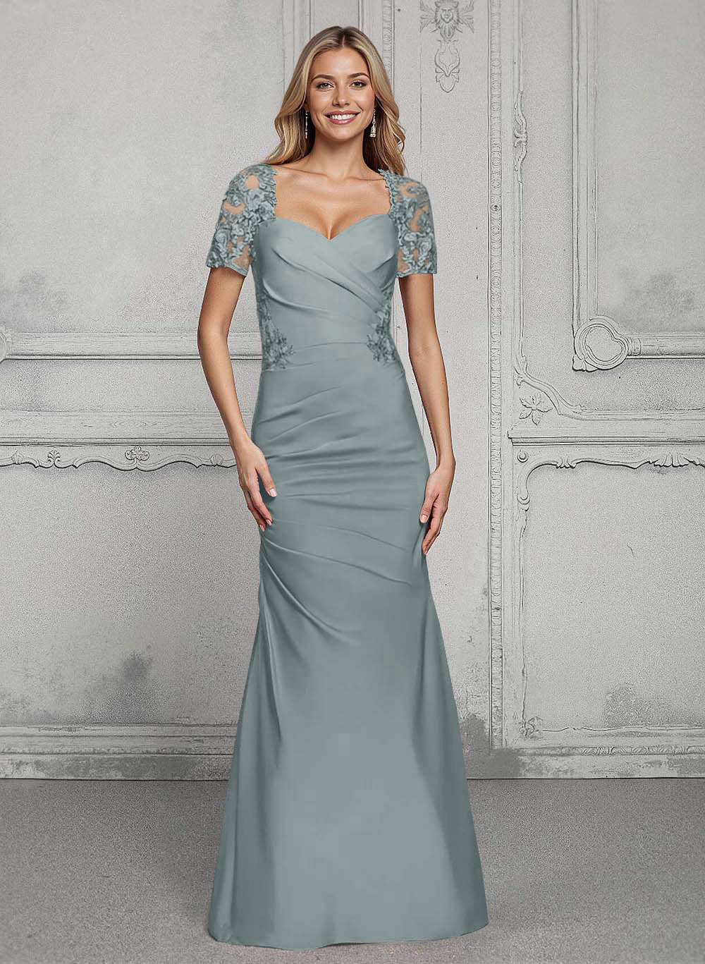 V-Neck Short Sleeves Satin Mother Of The Bride Dresses With Lace