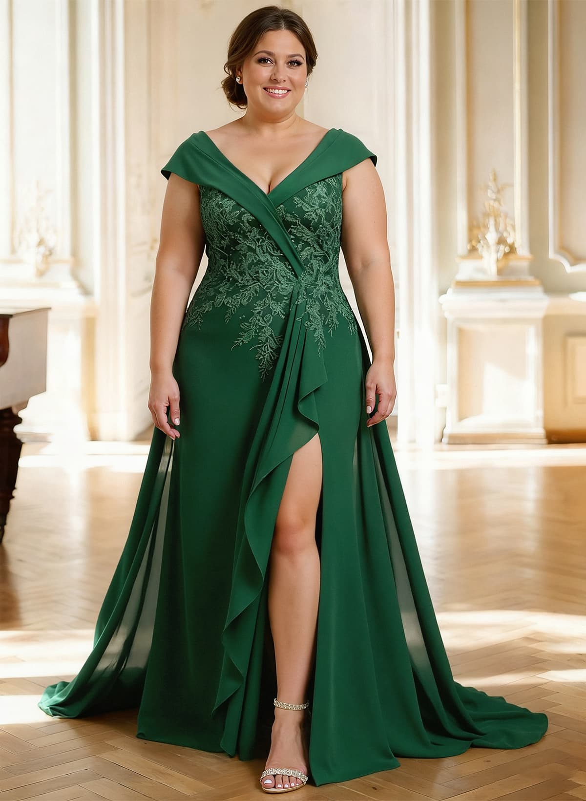 A-Line Off-The-Shoulder Floor-Length Mother of the Bride Dresses in Emerald, US2