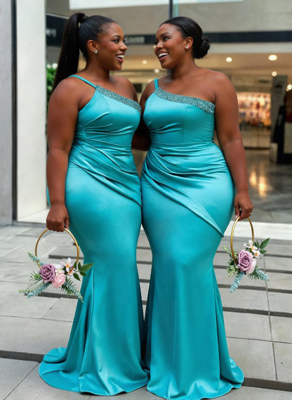 Trumpet/Mermaid One-Shoulder Sleeveless Sweep Train Acetate Satin Bridesmaid Dresses