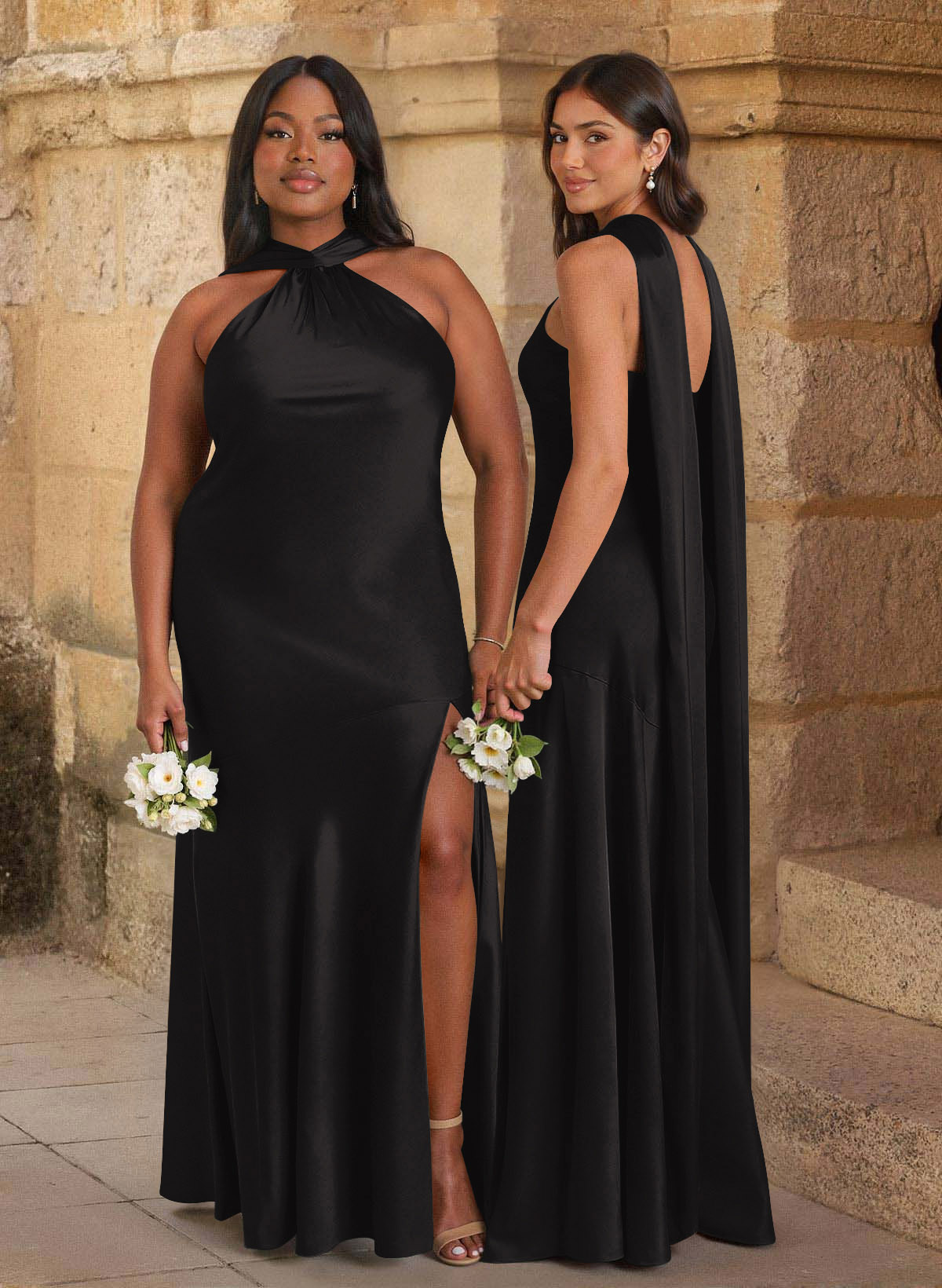 Trumpet/Mermaid Cowl Neck Floor-Length Stretch Satin Bridesmaid Dresses With High Split, image 3