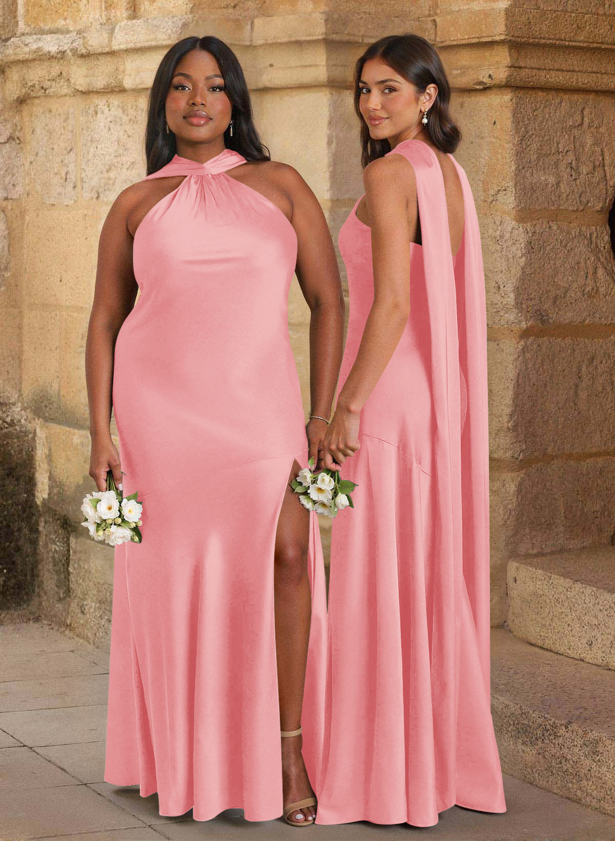 Trumpet/Mermaid Cowl Neck Floor-Length Stretch Satin Bridesmaid Dresses With High Split, image 4