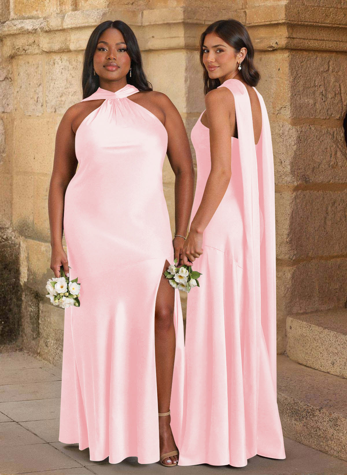 Trumpet/Mermaid Cowl Neck Floor-Length Stretch Satin Bridesmaid Dresses With High Split, image 5