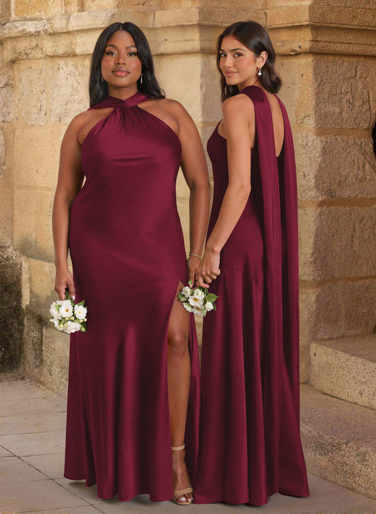 Trumpet/Mermaid Cowl Neck Floor-Length Stretch Satin Bridesmaid Dresses With High Split, image 6