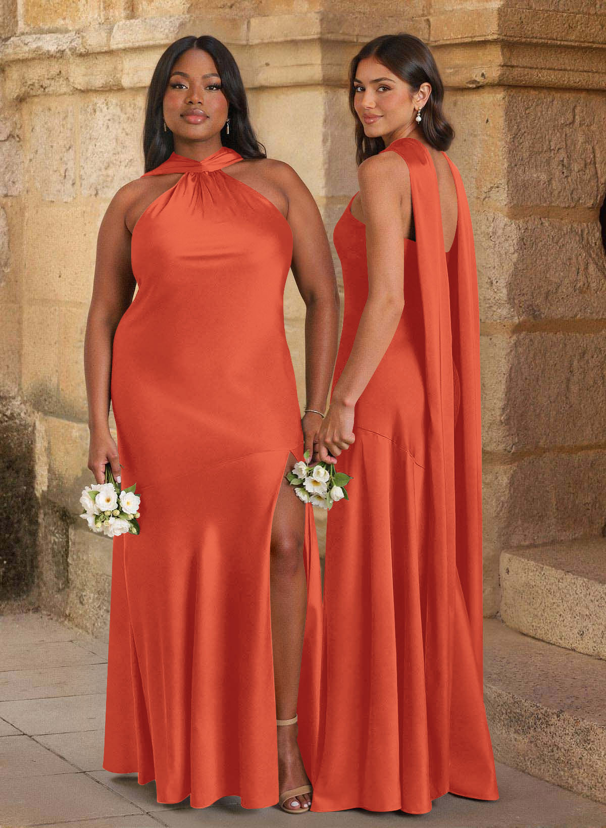 Trumpet/Mermaid Cowl Neck Floor-Length Stretch Satin Bridesmaid Dresses With High Split, image 7