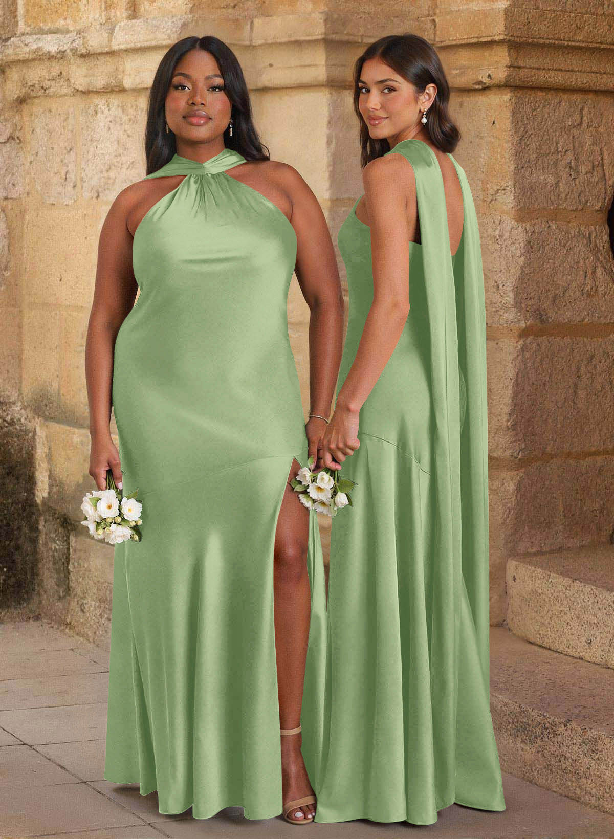 Trumpet/Mermaid Cowl Neck Floor-Length Stretch Satin Bridesmaid Dresses With High Split, image 8