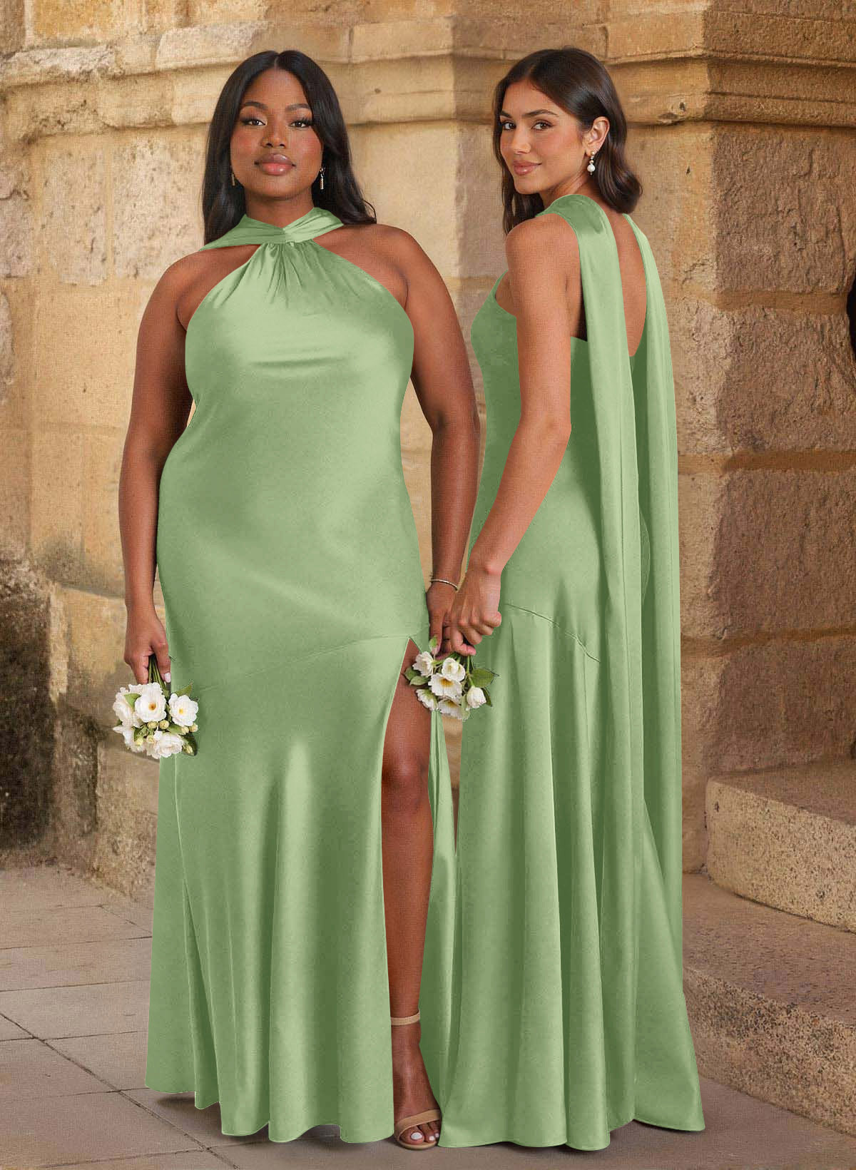 Trumpet/Mermaid Cowl Neck Floor-Length Stretch Satin Bridesmaid Dresses With High Split, image 8