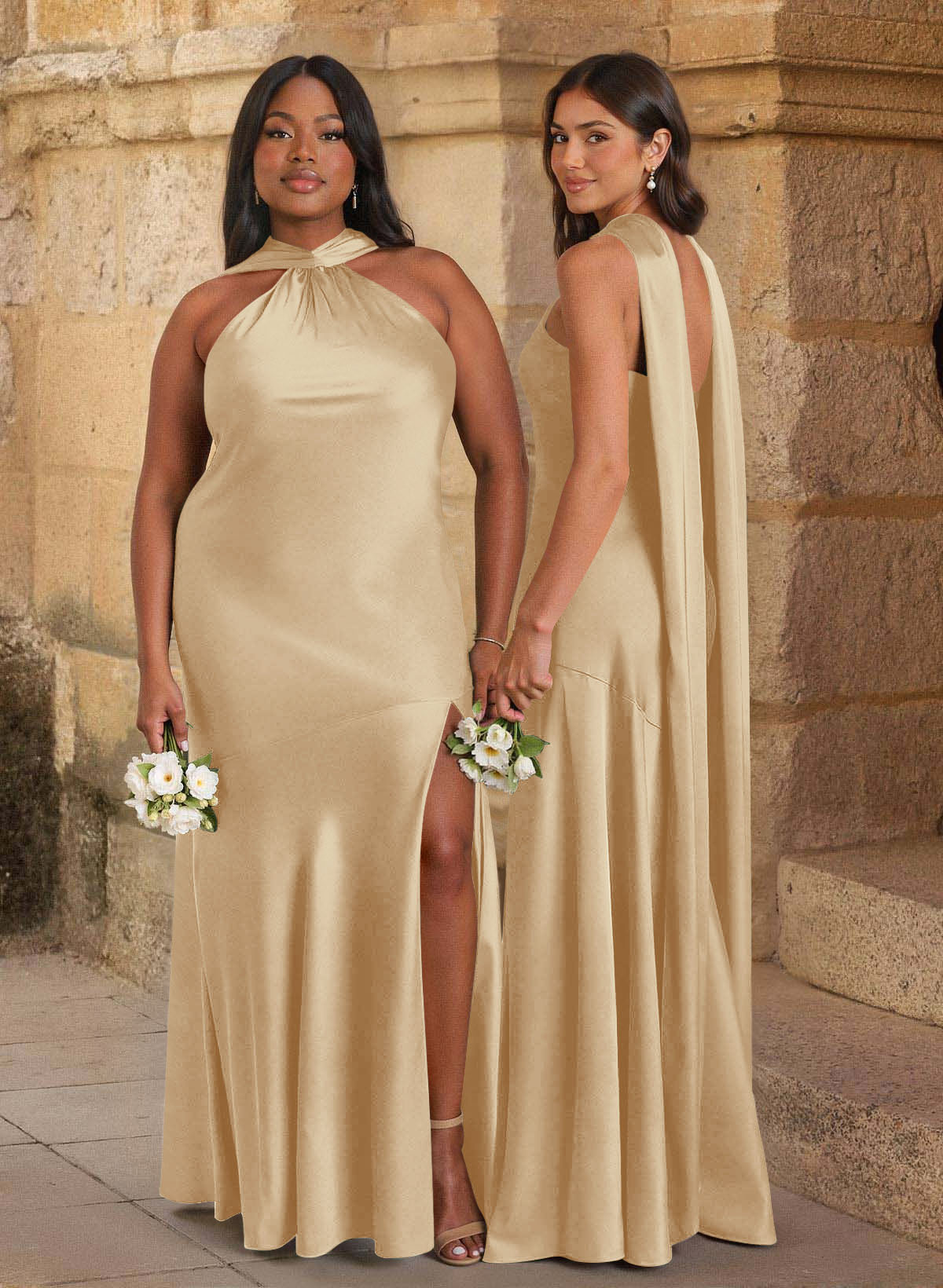 Trumpet/Mermaid Cowl Neck Floor-Length Stretch Satin Bridesmaid Dresses With High Split, image 9