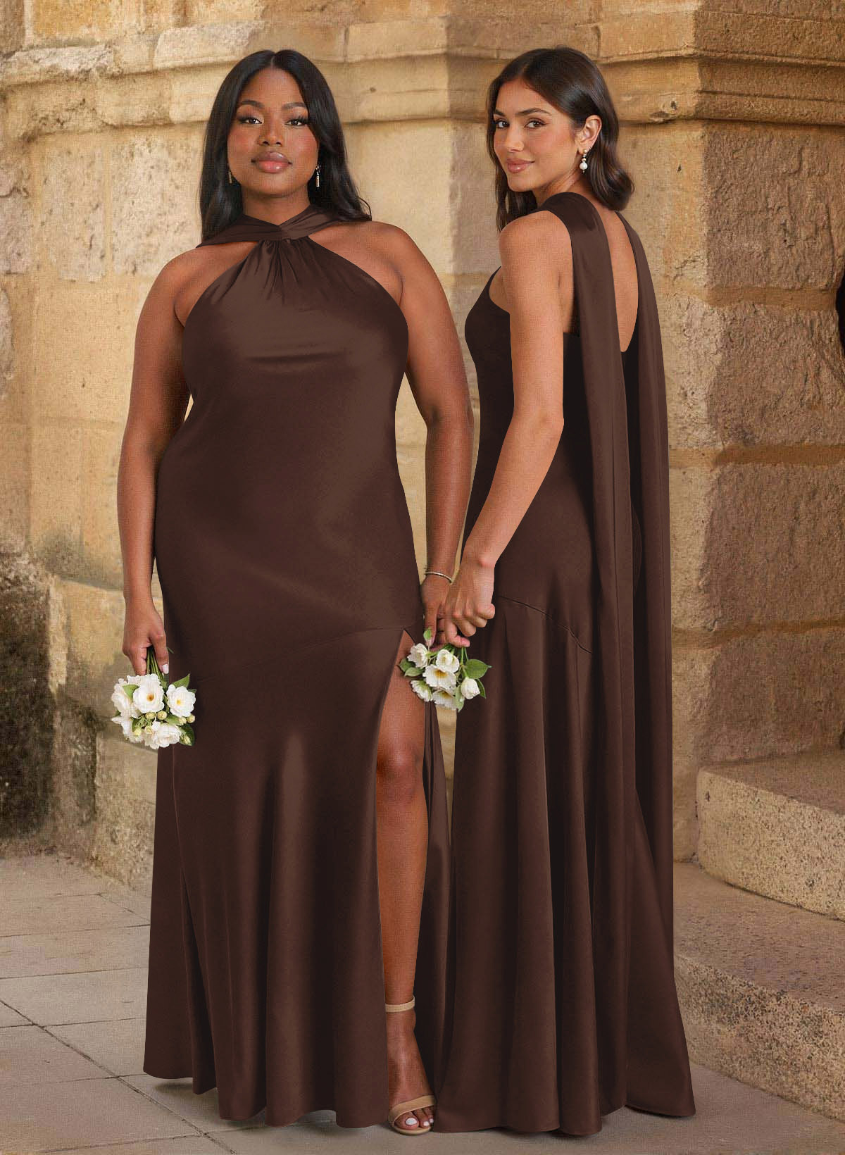Trumpet/Mermaid Cowl Neck Floor-Length Stretch Satin Bridesmaid Dresses With High Split, image 10