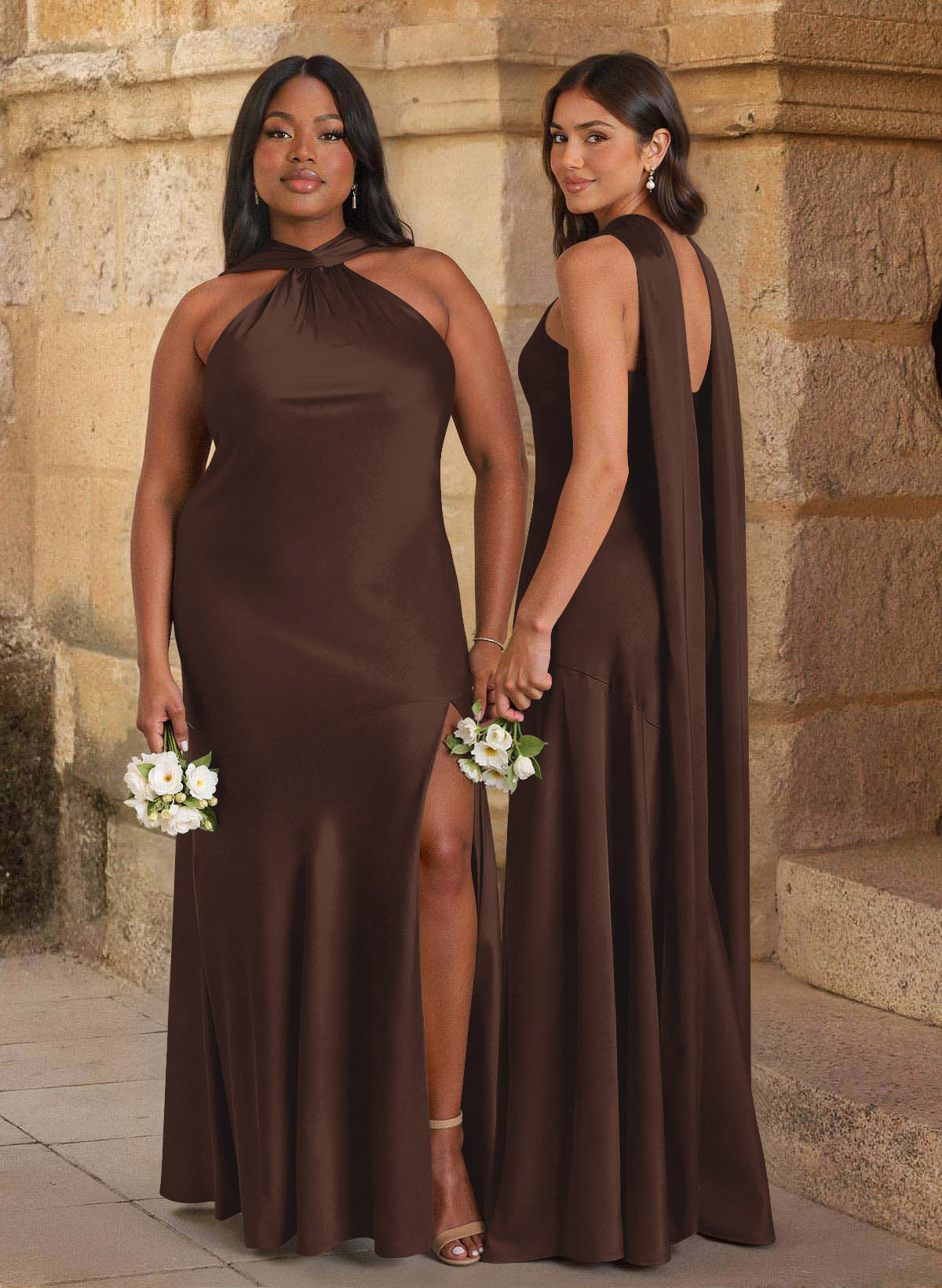 Trumpet/Mermaid Cowl Neck Floor-Length Stretch Satin Bridesmaid Dresses With High Split, image 10