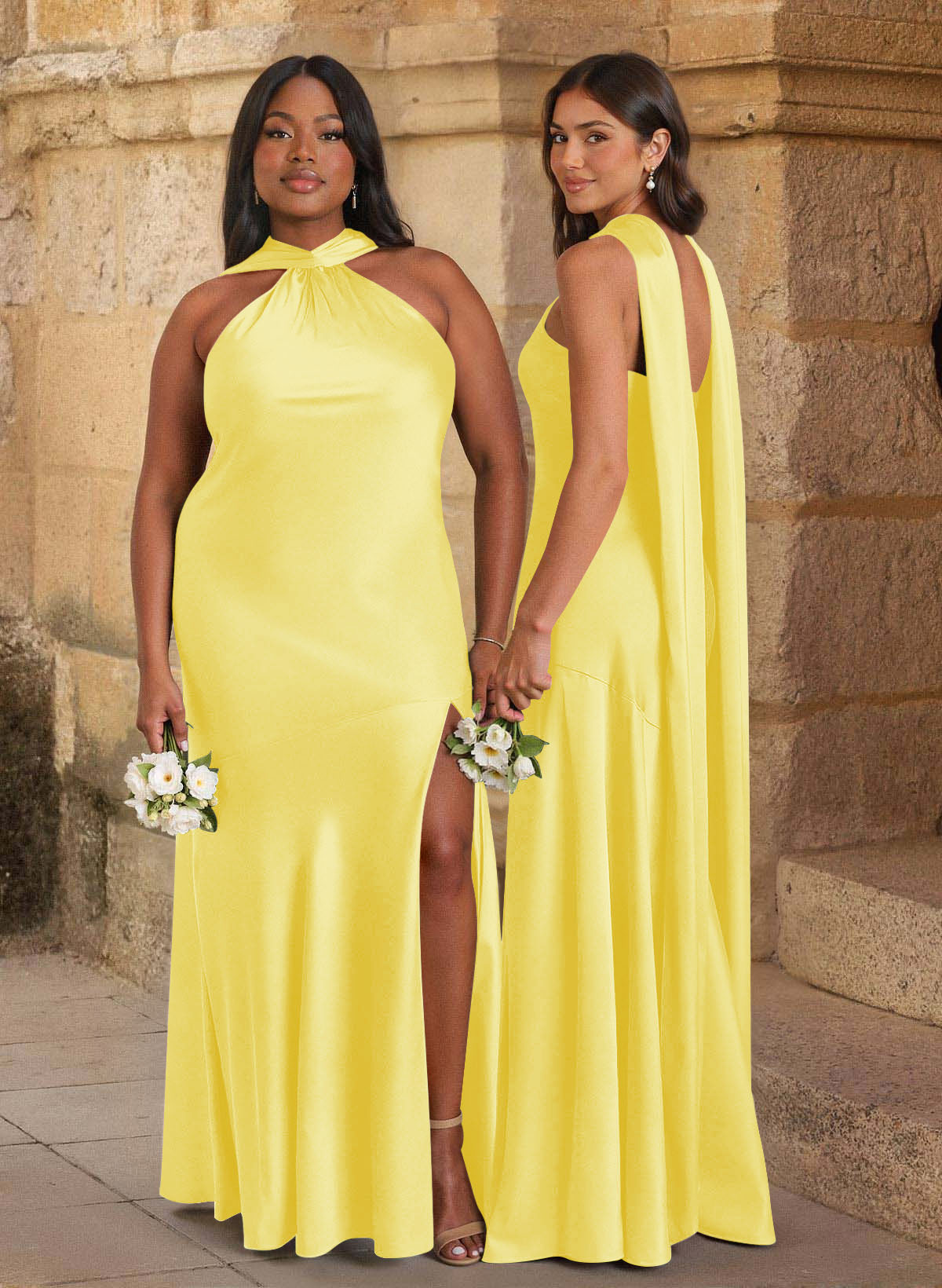 Trumpet/Mermaid Cowl Neck Floor-Length Stretch Satin Bridesmaid Dresses With High Split, image 11