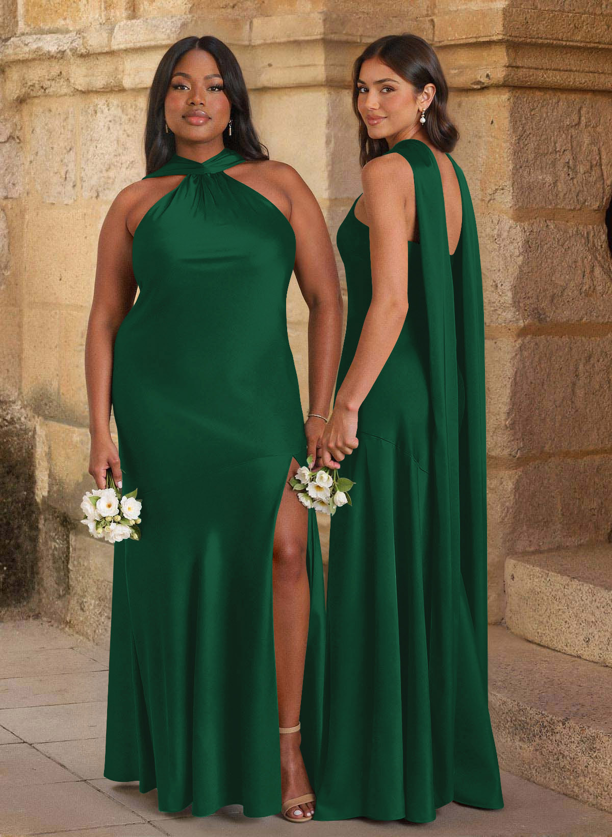 Trumpet/Mermaid Cowl Neck Floor-Length Stretch Satin Bridesmaid Dresses With High Split, image 12