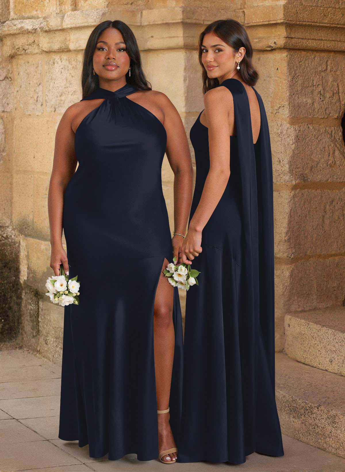 Trumpet/Mermaid Cowl Neck Floor-Length Stretch Satin Bridesmaid Dresses With High Split, image 13