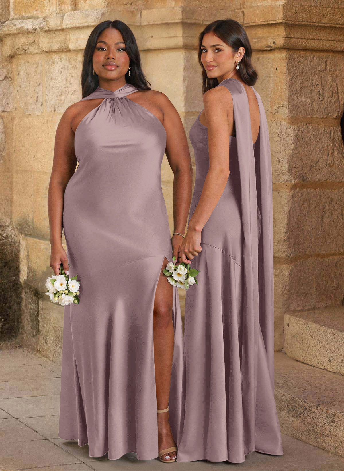 Trumpet/Mermaid Cowl Neck Floor-Length Stretch Satin Bridesmaid Dresses With High Split, image 14