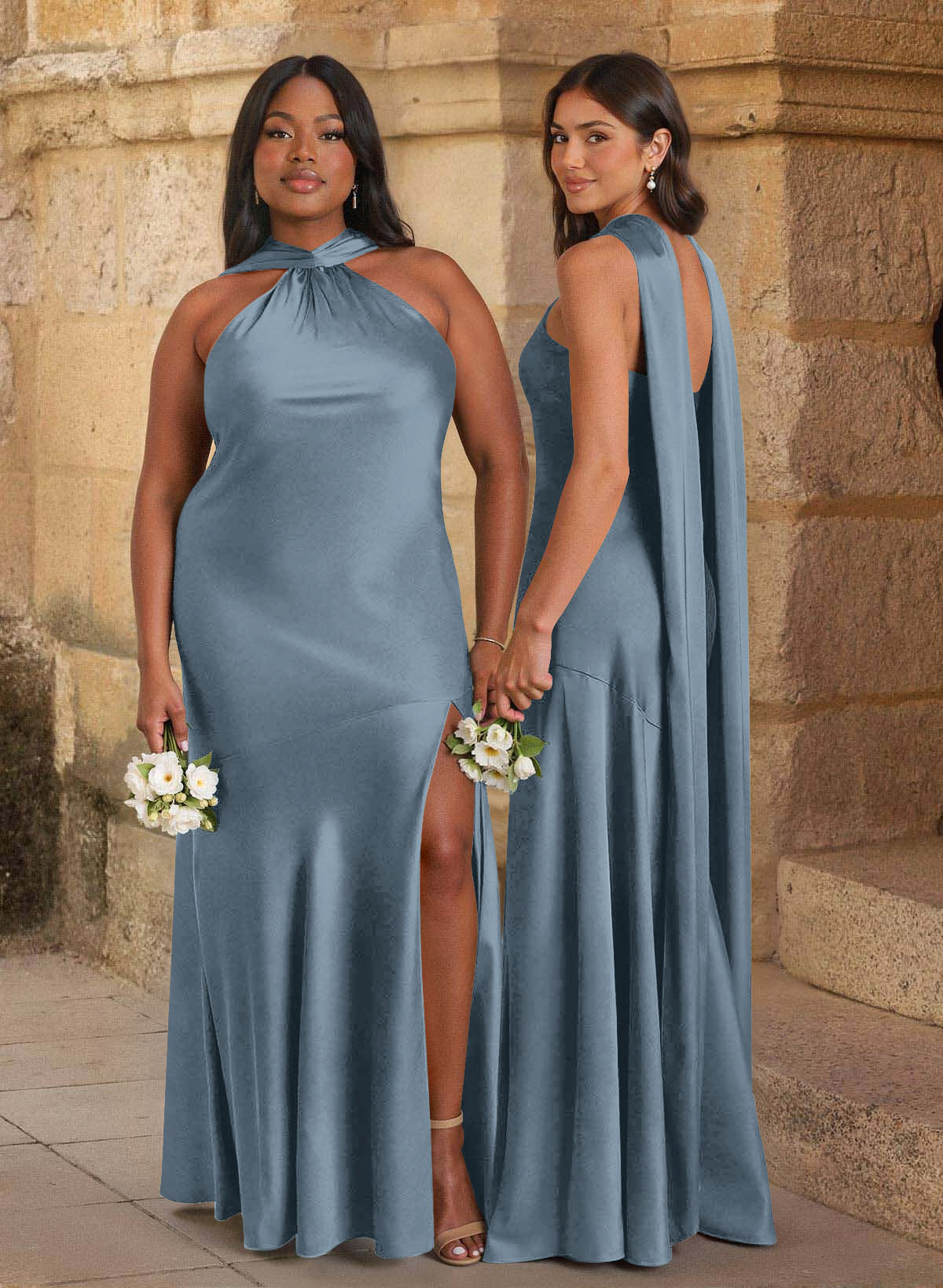 Trumpet/Mermaid Cowl Neck Floor-Length Stretch Satin Bridesmaid Dresses With High Split, image 15