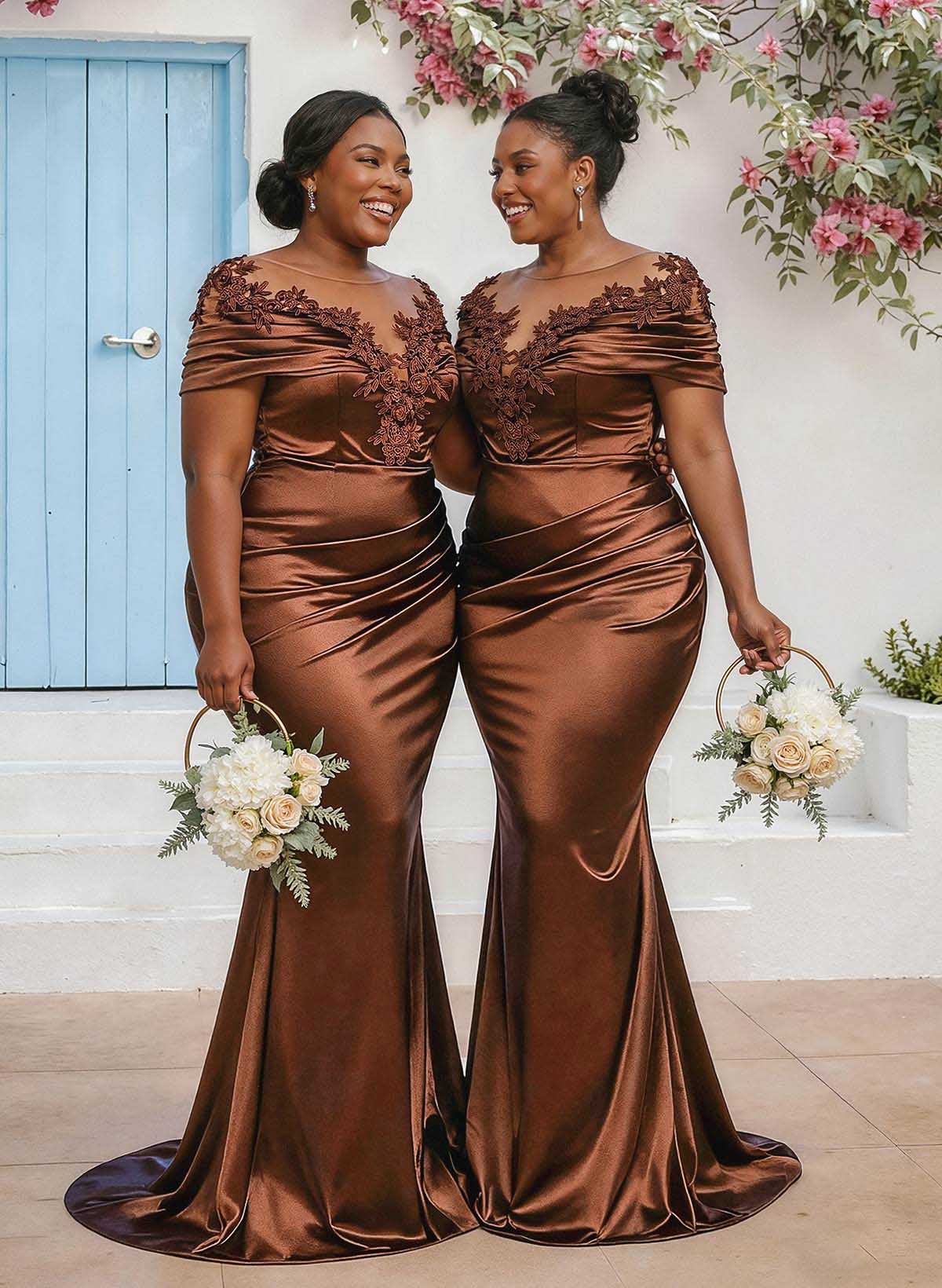 Trumpet/Mermaid Illusion Neck Sleeveless Sweep Train Bridesmaid Dresses With Pleated/Appliques Lace, product image 1