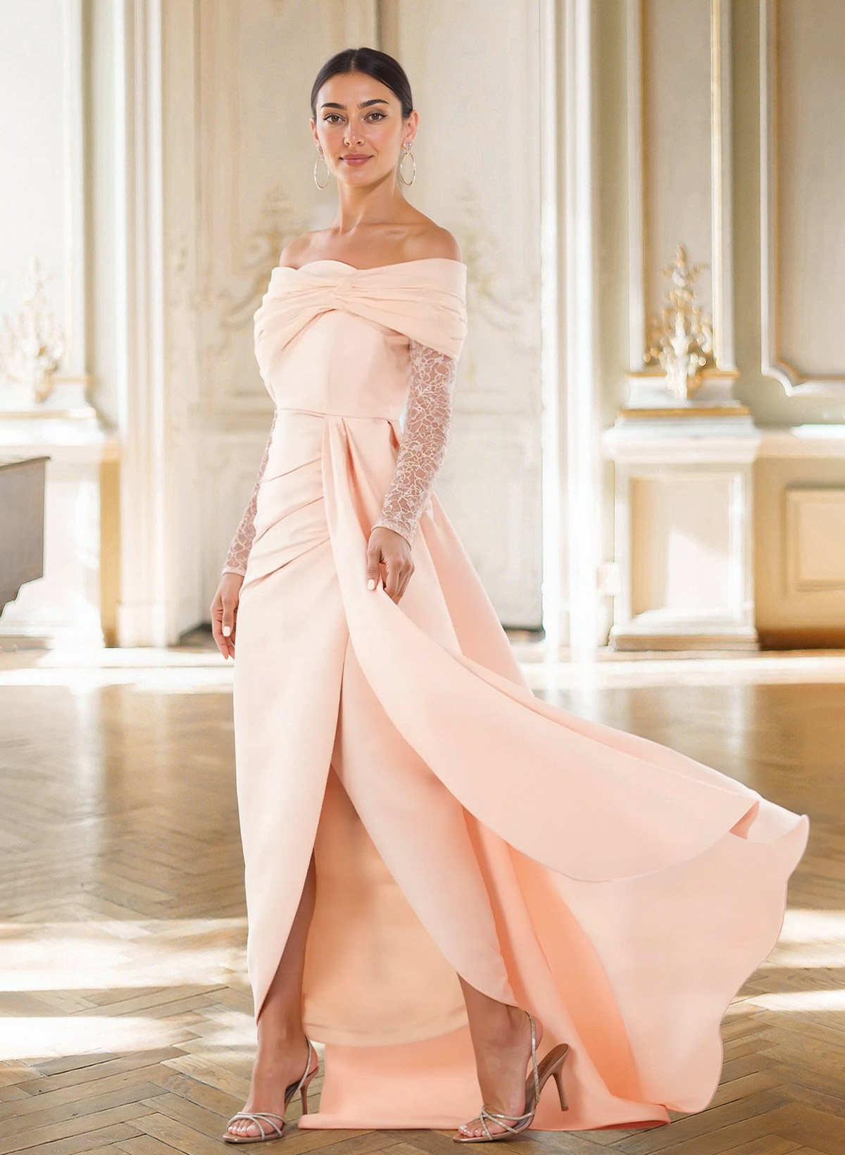 Sheath/Column Off-The-Shoulder Long Sleeves Mother Of The Bride Dresses With Lace/High Split