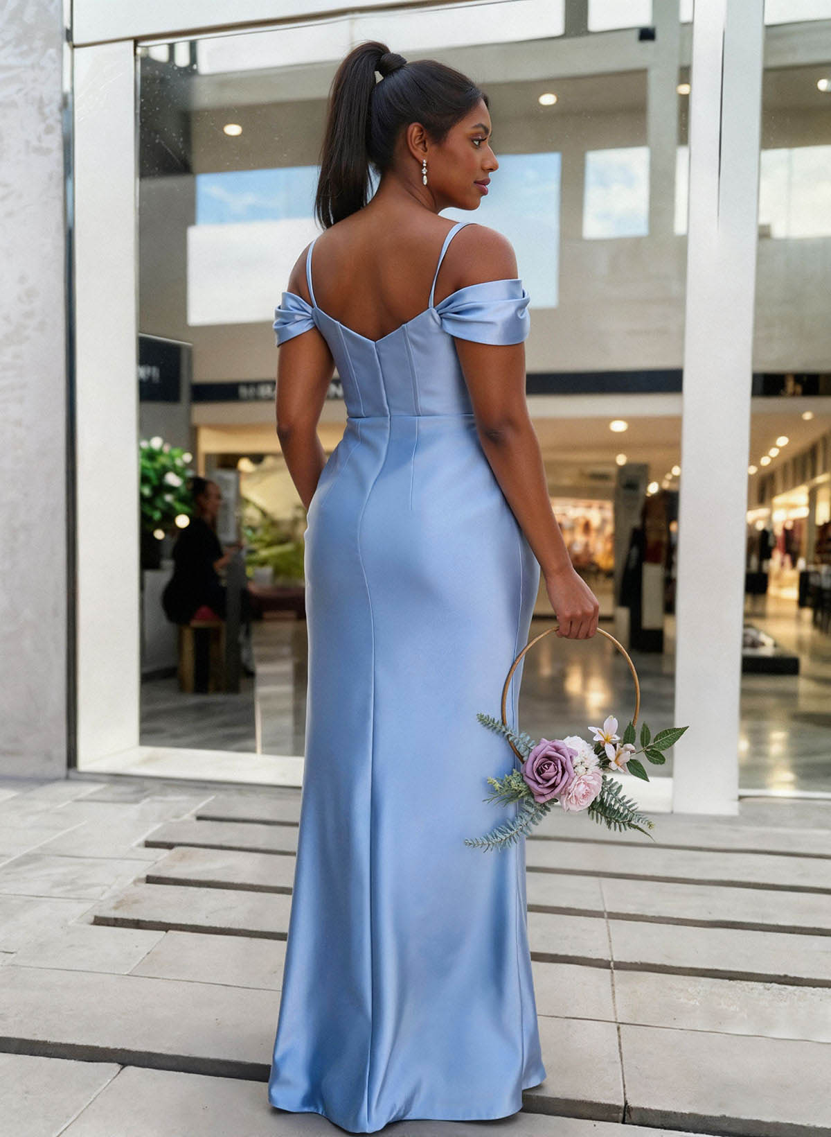Sheath/Column Off-The-Shoulder Sleeveless Floor-Length Stretch Satin Knit Bridesmaid Dresses