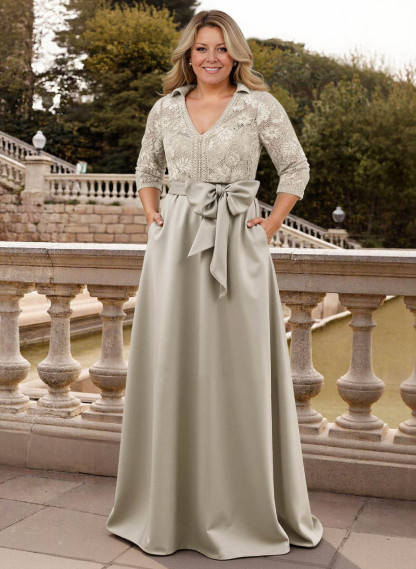 Classic V-Neck Bow Accented Satin Mother Of The Bride Dresses With Lace