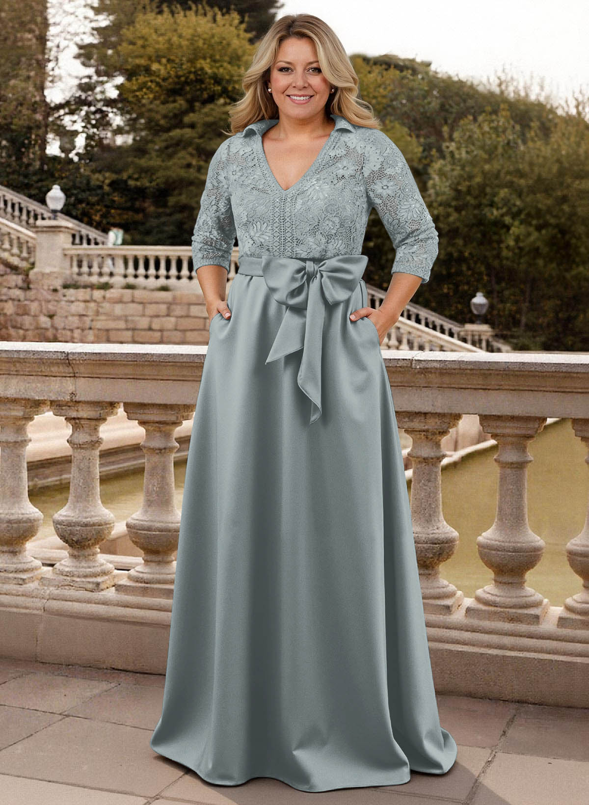 Classic V-Neck Bow Accented Satin Mother Of The Bride Dresses With Lace
