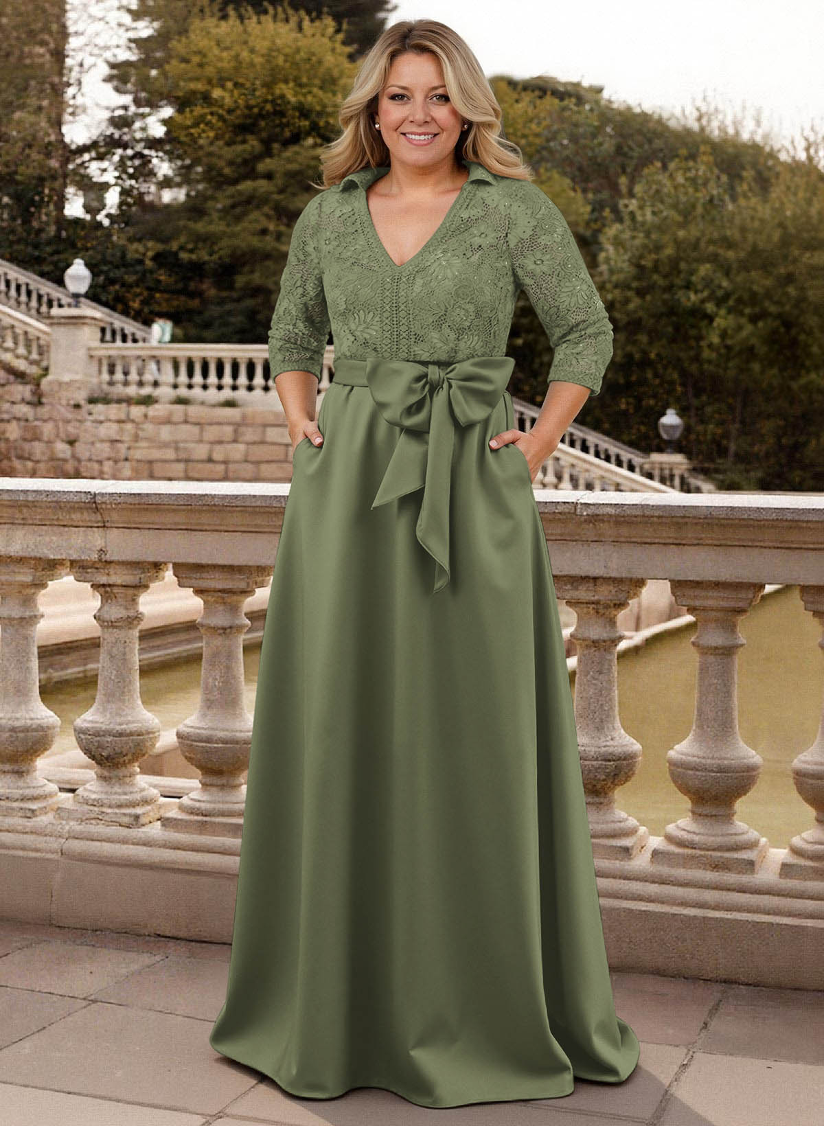 Classic V-Neck Bow Accented Satin Mother Of The Bride Dresses With Lace