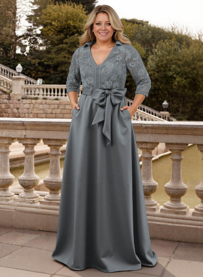 Classic V-Neck Bow Accented Satin Mother Of The Bride Dresses With Lace