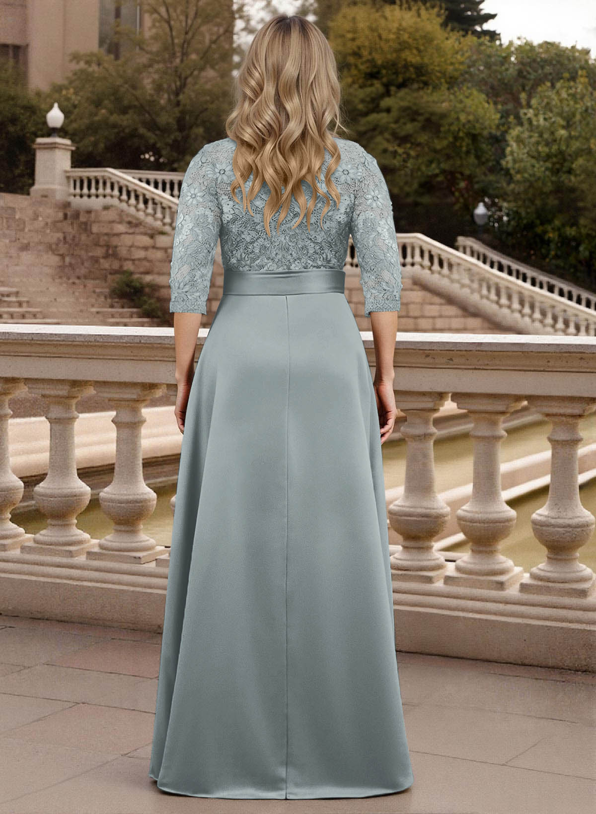 Classic V-Neck Bow Accented Satin Mother Of The Bride Dresses With Lace