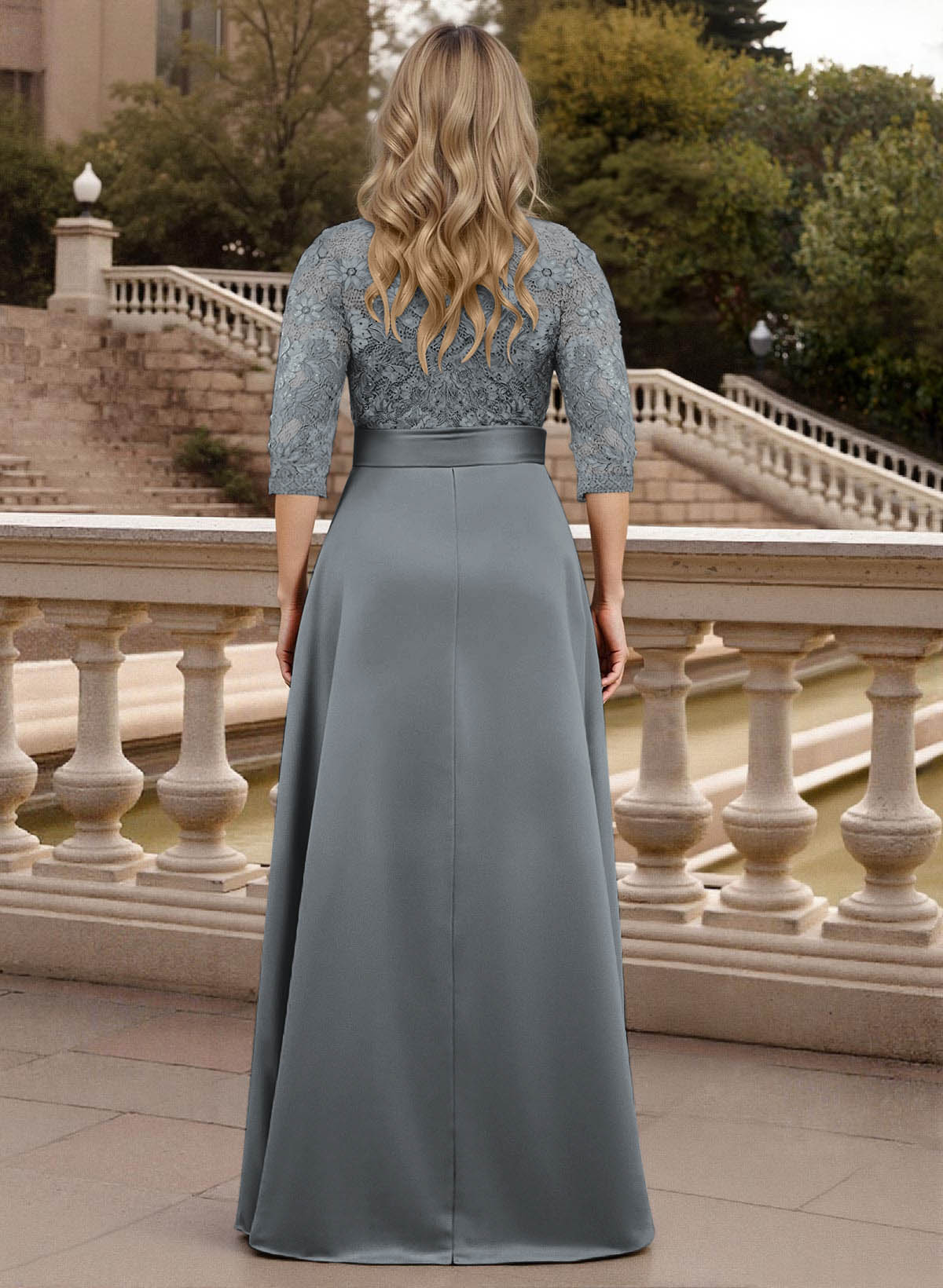 Classic V-Neck Bow Accented Satin Mother Of The Bride Dresses With Lace
