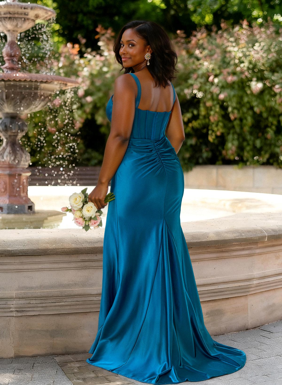 Trumpet Mermaid Square Neckline Sleeveless Sweep Train Stretch Satin Knit Bridesmaid Dresses