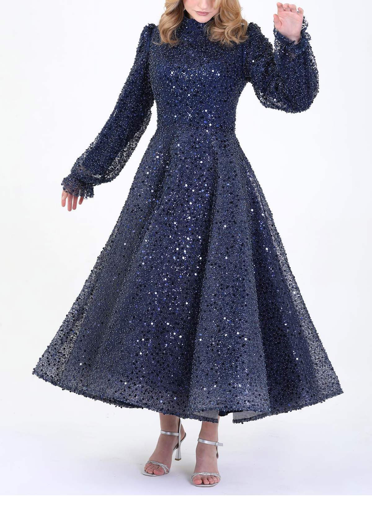 A-Line High Neck Long Sleeves Ankle-Length Evening Dresses With Sequins in Navy Blue, US2