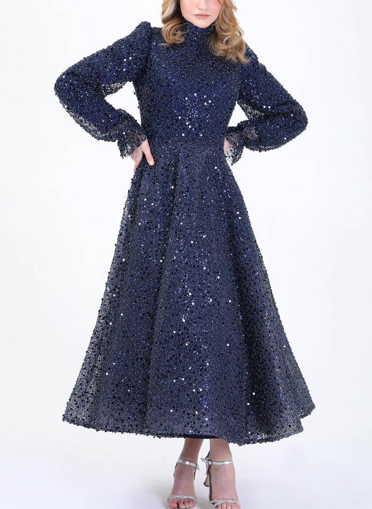 A-Line High Neck Long Sleeves Ankle-Length Evening Dresses With Sequins, supplier image 2