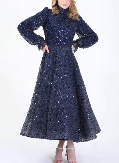 A-Line High Neck Long Sleeves Ankle-Length Evening Dresses With Sequins, supplier image 2