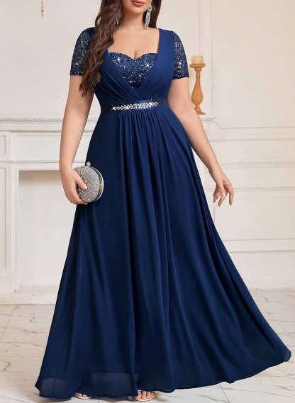 Elegant Sweetheart Short Sleeves A-Line Floor-Length Chiffon/Lace Evening Dresses in Navy Blue, US2