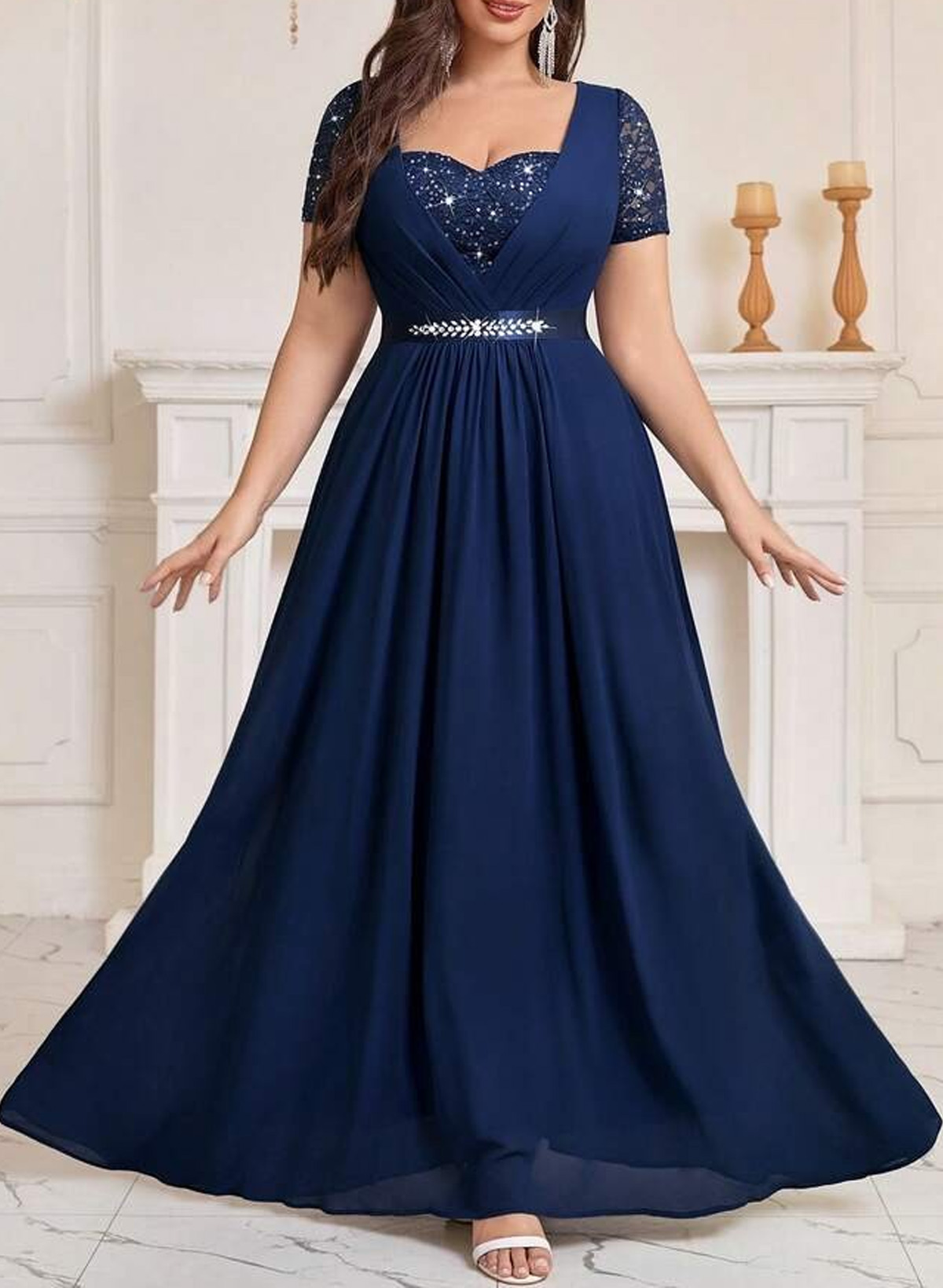 Elegant Sweetheart Short Sleeves A-Line Floor-Length Chiffon/Lace Evening Dresses, supplier image 2