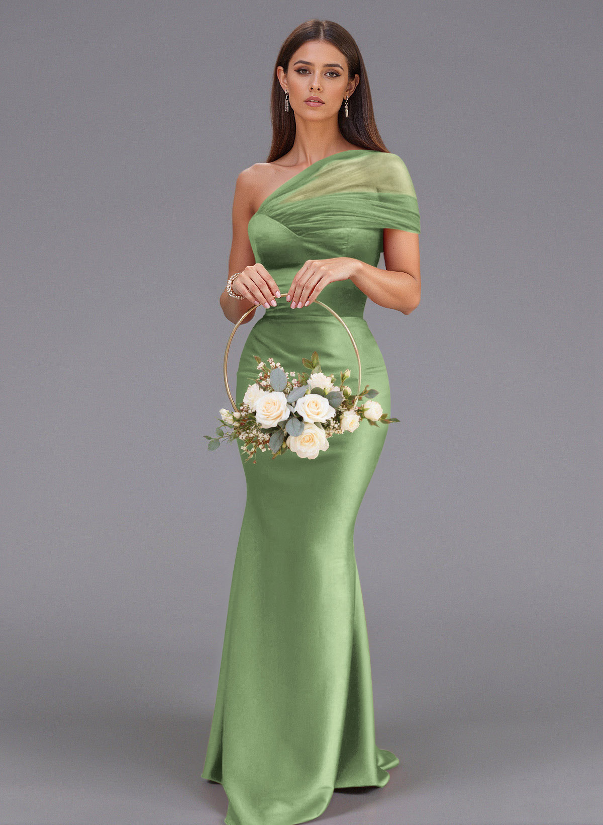 Elegant Tulle One-Shoulder Trumpet/Mermaid Floor-Length Satin Bridesmaid Dresses, product image 28