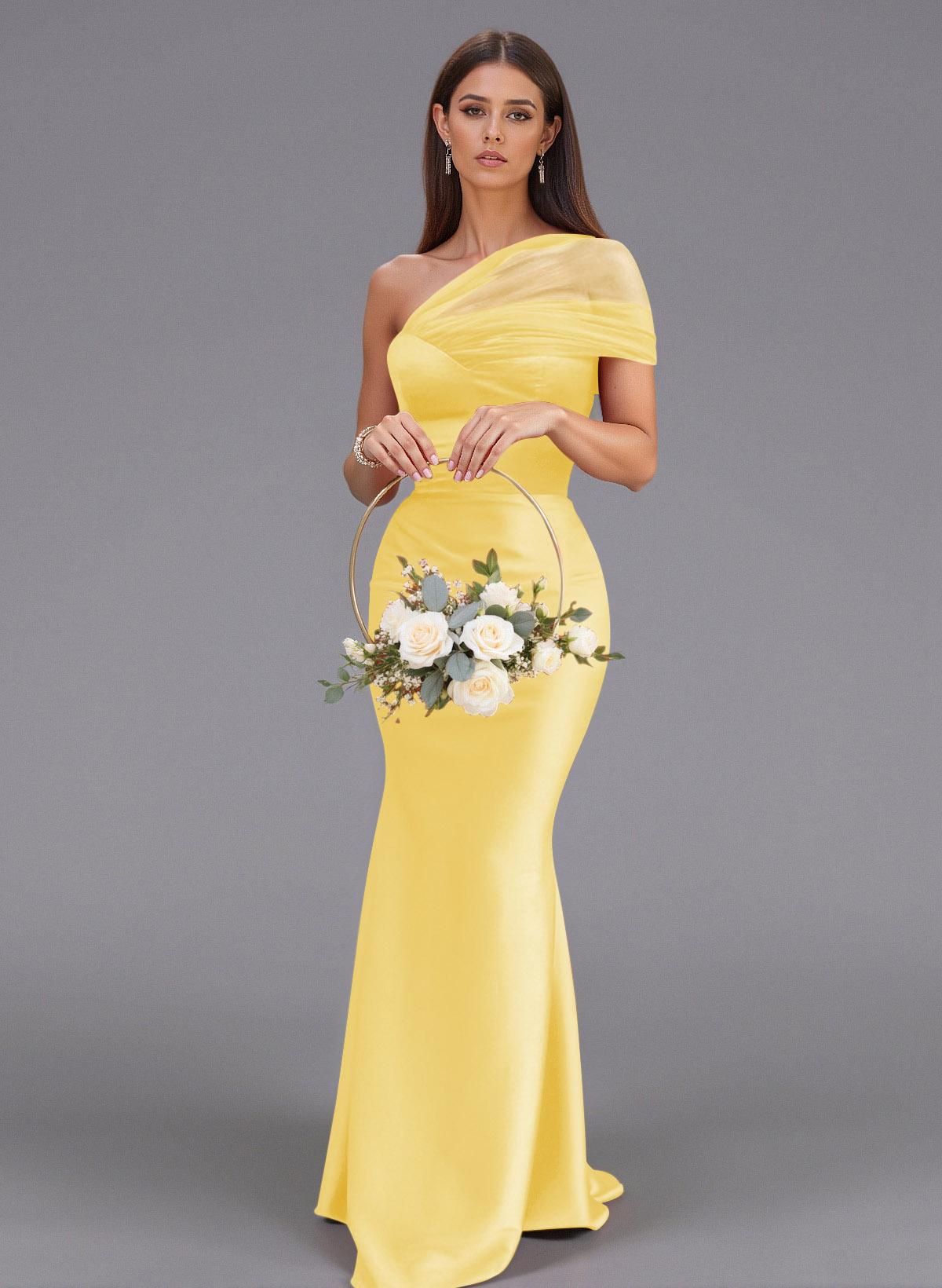 Elegant Tulle One-Shoulder Trumpet/Mermaid Floor-Length Satin Bridesmaid Dresses, product image 22
