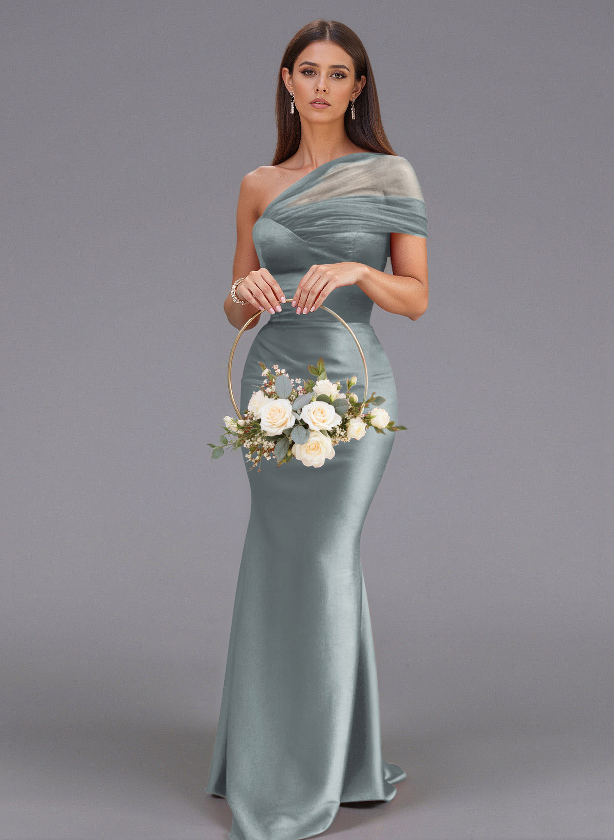 Elegant Tulle One-Shoulder Trumpet/Mermaid Floor-Length Satin Bridesmaid Dresses, product image 67