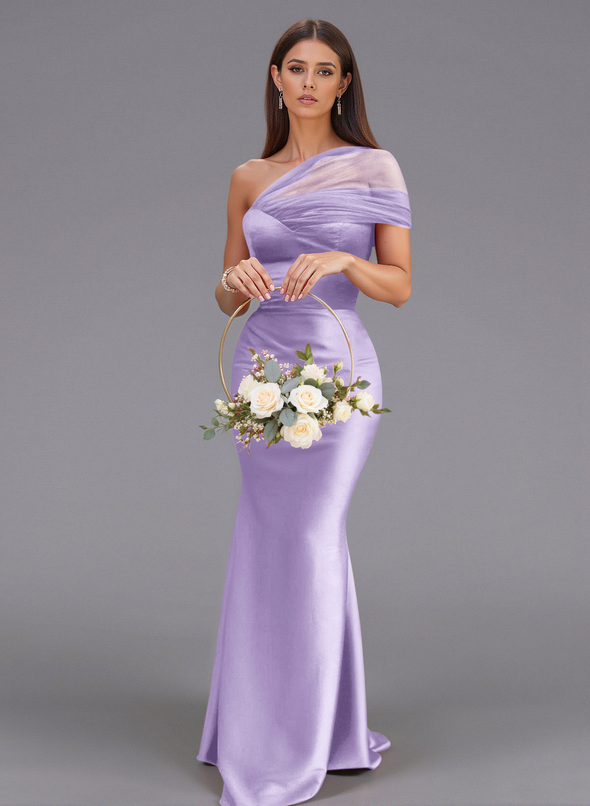 Elegant Tulle One-Shoulder Trumpet/Mermaid Floor-Length Satin Bridesmaid Dresses, product image 39