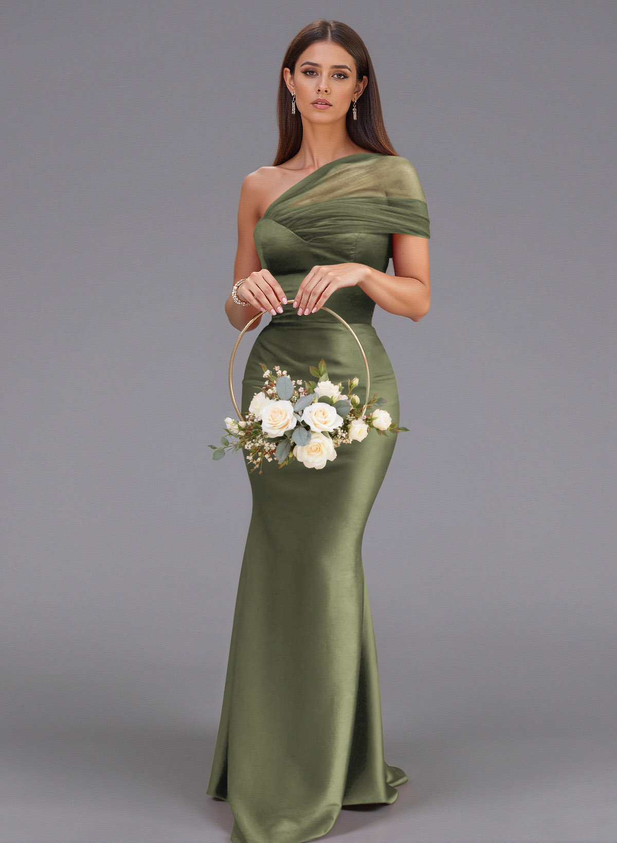 Elegant Tulle One-Shoulder Trumpet/Mermaid Floor-Length Satin Bridesmaid Dresses, product image 10