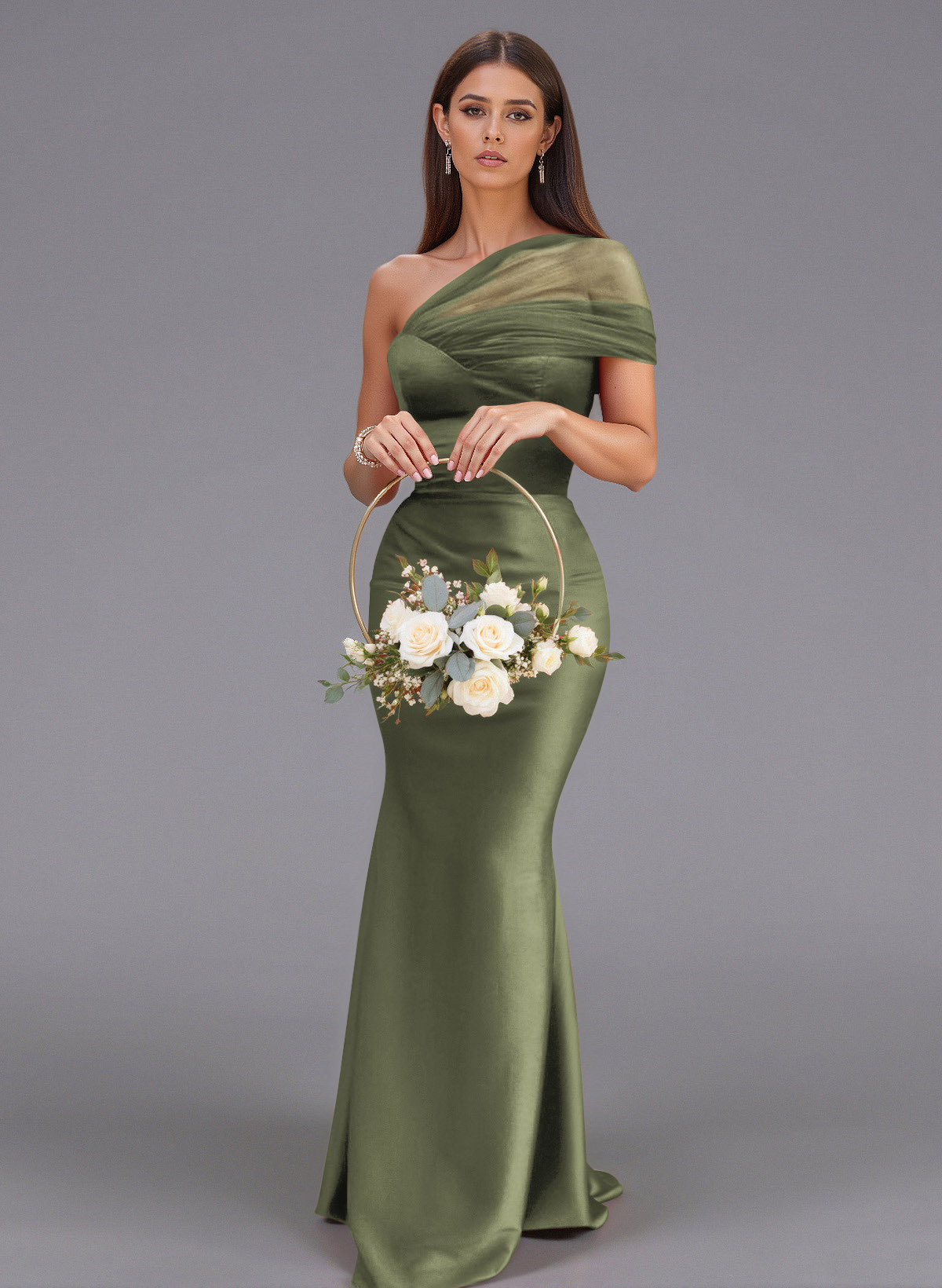 Elegant Tulle One-Shoulder Trumpet/Mermaid Floor-Length Satin Bridesmaid Dresses, product image 10