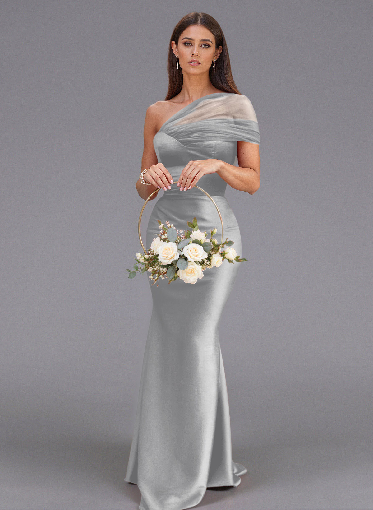 Elegant Tulle One-Shoulder Trumpet/Mermaid Floor-Length Satin Bridesmaid Dresses, product image 15