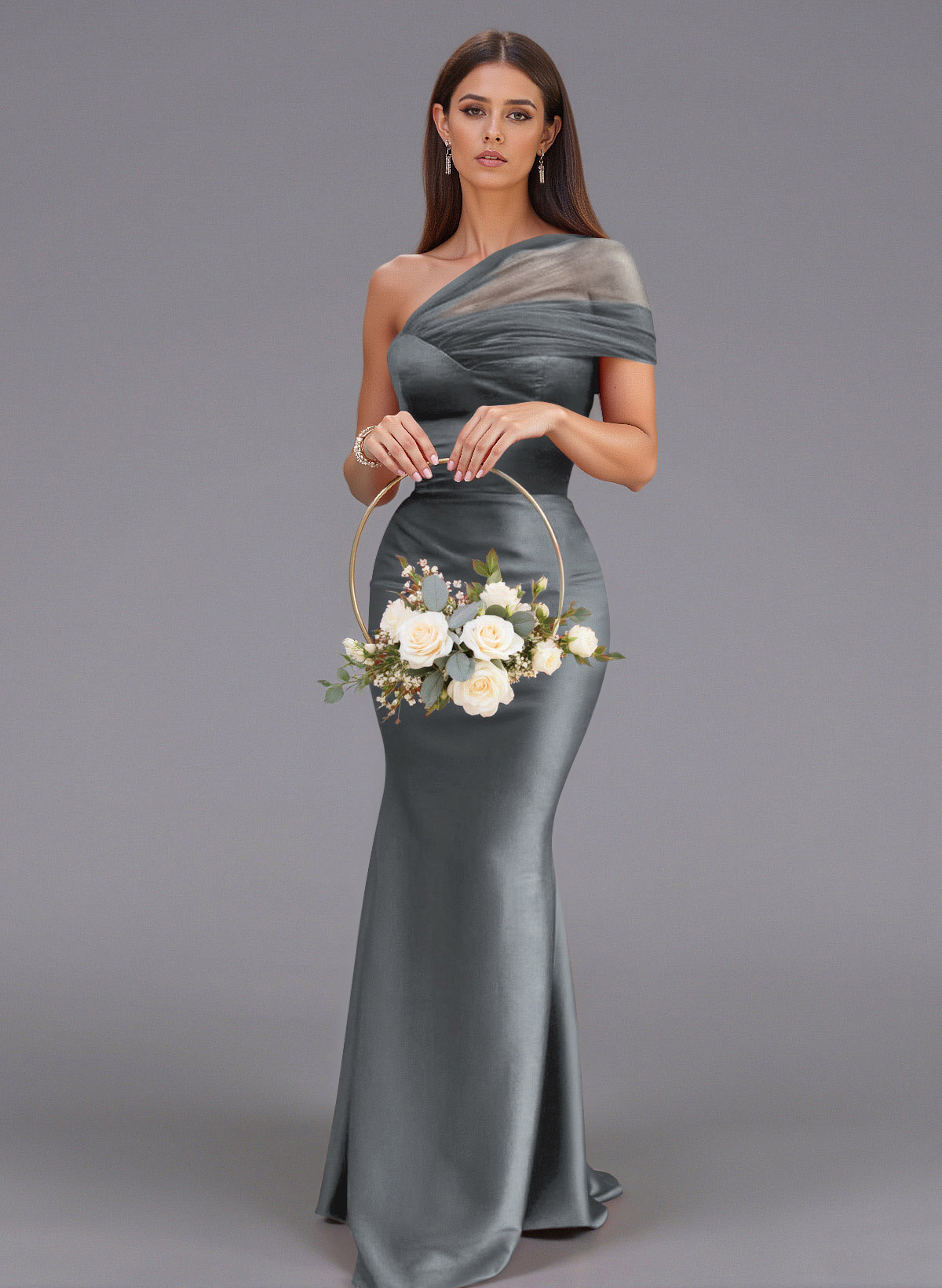 Elegant Tulle One-Shoulder Trumpet/Mermaid Floor-Length Satin Bridesmaid Dresses, product image 14