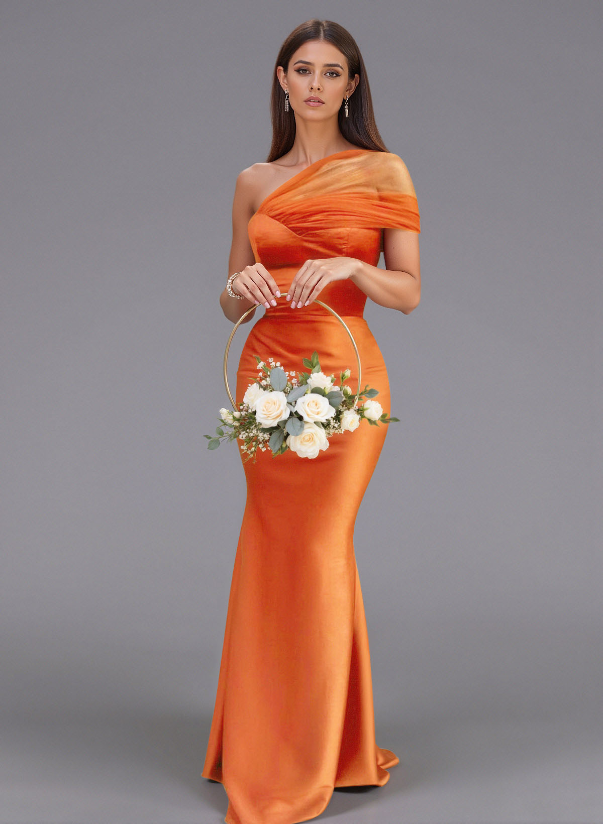 Elegant Tulle One-Shoulder Trumpet/Mermaid Floor-Length Satin Bridesmaid Dresses in Burnt Orange, US2